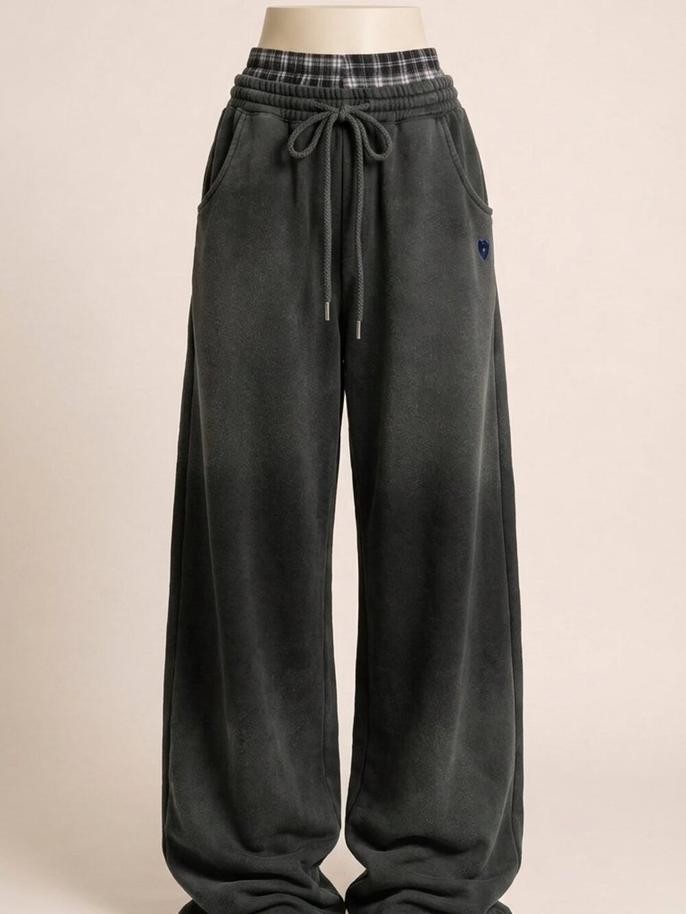 Aelfric Eden Black Double Waist Wide Leg Sweatpants Plaid Patchwork Size L
